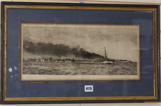 William Lionel Wyllie, etching, HMS Champion and the 13th Flotilla at Jutland, signed in pencil, 20 x 43cm